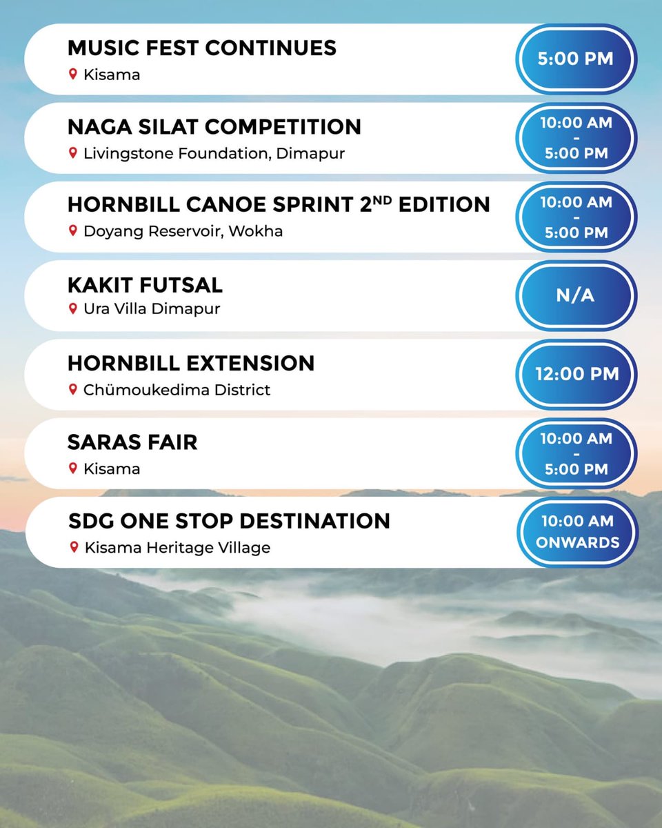 Hkhehoviy's tweet photo. Hornbill Festival- Day 2 Schedule📝

#Repost| @tourismdeptgon

#hornbillfestival2022 #hornbillfestival #nagaland #hornbill #landoffestivals #december #celebration #activities #music #culture #heritage #landscapes #tourism #nagalandtourism #nagaculture #beingnaga https://t.co/klefgVTQne