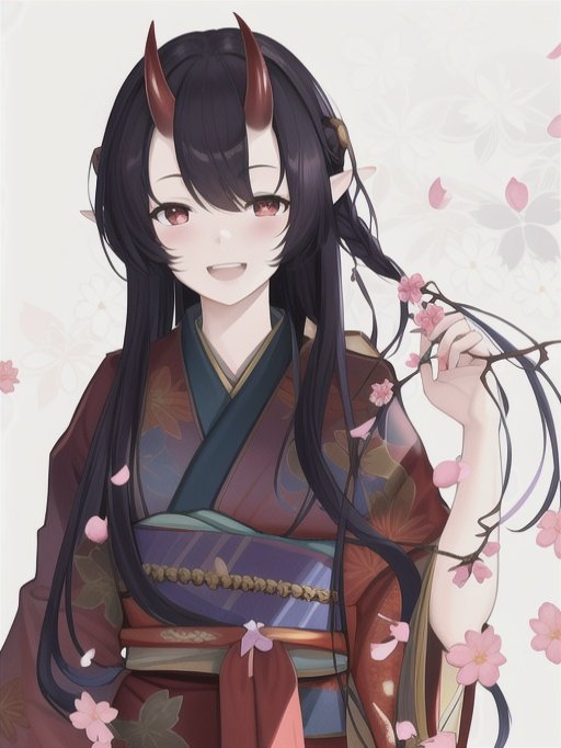 1girl solo horns japanese clothes kimono pointy ears black hair  illustration images