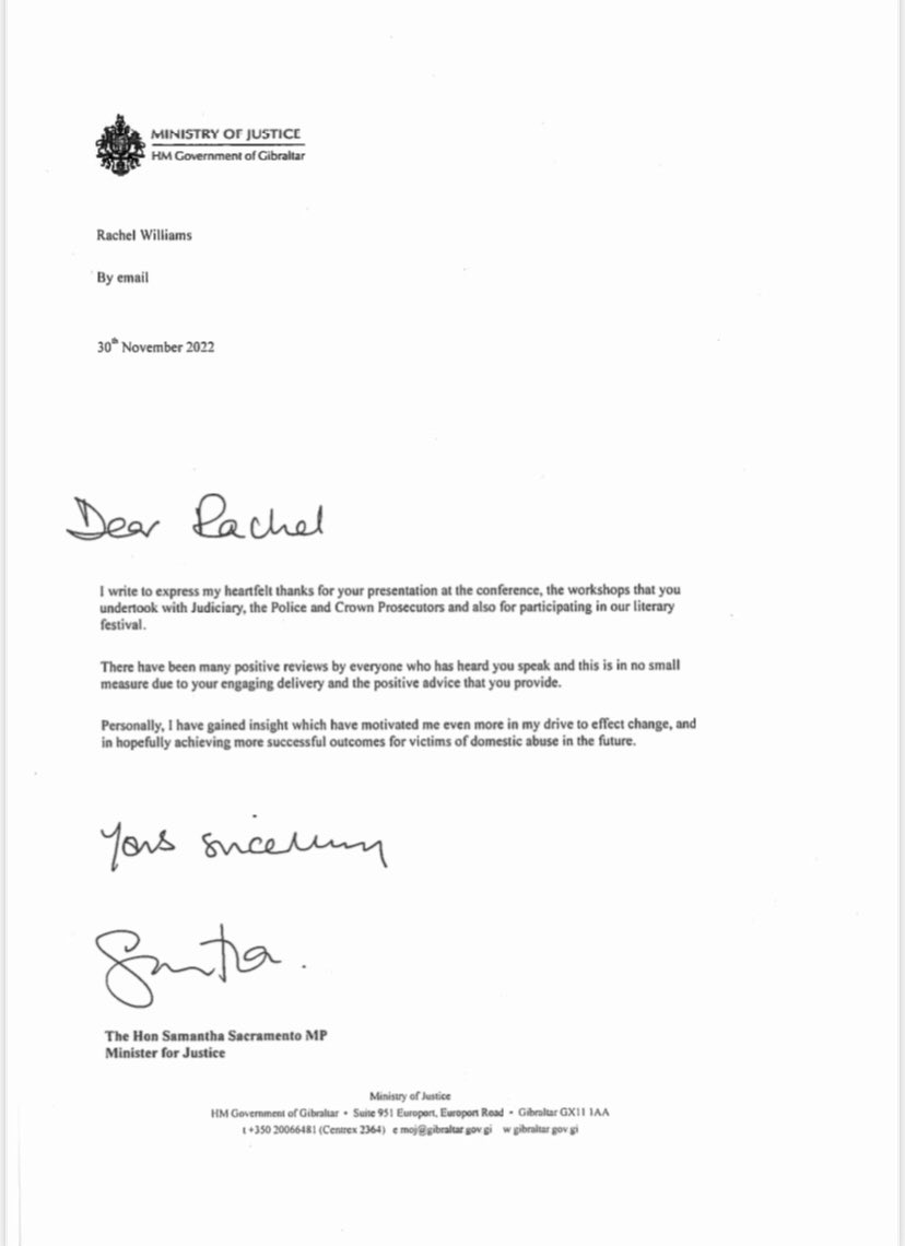 Rachel_SUTDA's tweet photo. What a lovely ‘thank you’ from the Hon Samantha Sacremento MP for my involvement in the conference. 
#ministerofjustice 
#365daysofaction 
Such commitment from Gibraltar’s Minister of Justice to tackle and end domestic abuse. https://t.co/pvQebILY1g