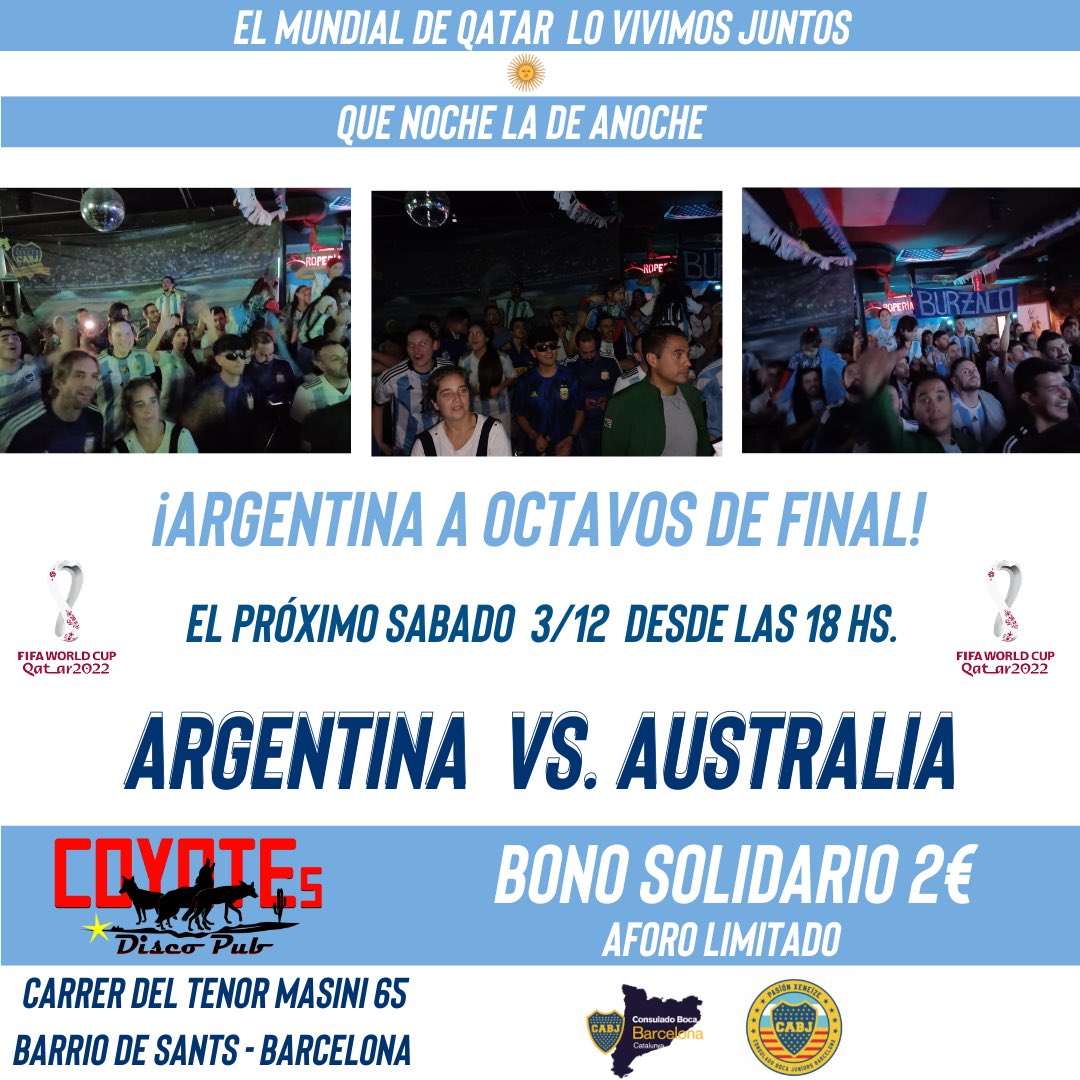 Consulado Boca Juniors Barcelona (@barcelonadeboca) on Twitter photo Argentina a Octavos de final
Lo seguimos viviendo juntos!!
Una noche más de emoción en Coyotes discoteca Pub!!
Te lo vas a perder?
Los esperamos el próximo sábado para seguir alentando a <a href="/afaseleccion/">argentinaseleccion</a>
Vamos Argentina!
#argentinos #argentinosenespaña #argentinosenbarcelona Argentina a Octavos de final
Lo seguimos viviendo juntos!!
Una noche más de emoción en Coyotes discoteca Pub!!
Te lo vas a perder?
Los esperamos el próximo sábado para seguir alentando a <a href="/afaseleccion/">argentinaseleccion</a>
Vamos Argentina!
#argentinos #argentinosenespaña #argentinosenbarcelona