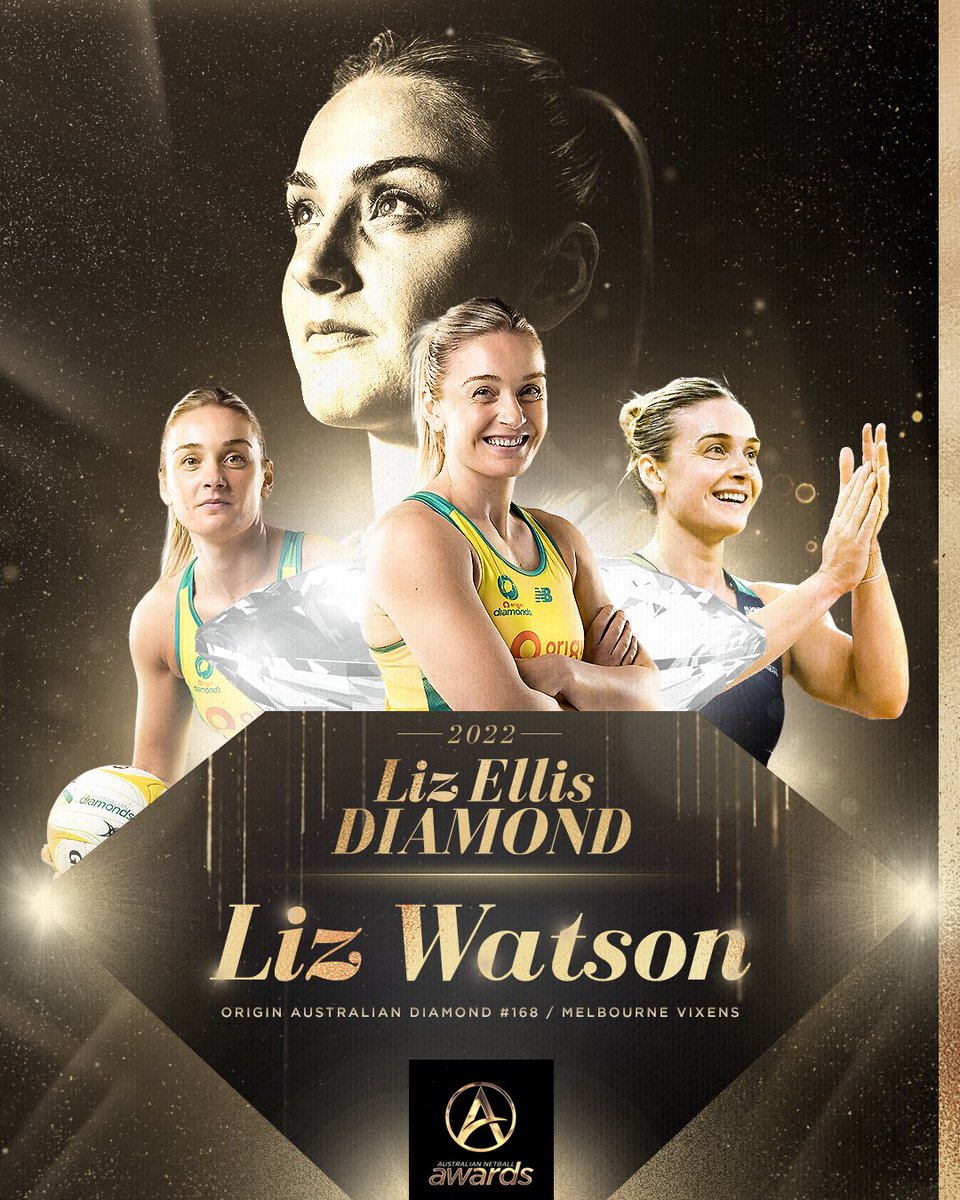 NetballAust's tweet photo. She's done it again! 

Congratulations to superstar midcourter Liz Watson from the @MelbourneVixens who has taken out netball’s highest honor, the Liz Ellis Diamond for a second time 👏 

#ANA2022 https://t.co/n7Hk2ocWXv