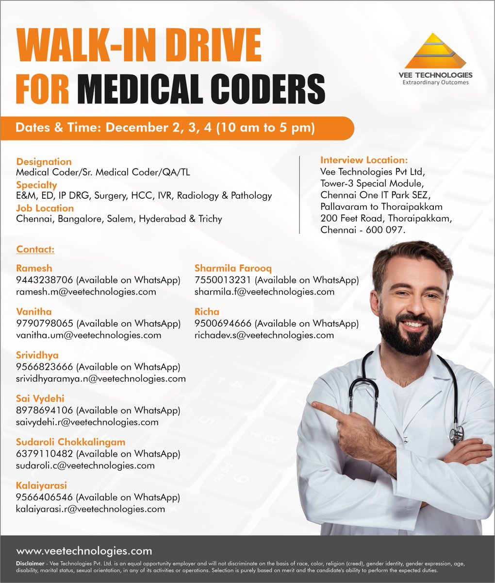 V_technologies's tweet photo. Vee Technologies is hiring Medical Coders. Grab the opportunity to enhance your #career!

Know More: https://t.co/QlV3L0IIR1

#Walkindrive #Walkins #Chennaiwalkins #MedicalCoders #MedicalCodingJob #HiringMedicalCoders #job #hiring #jobs #jobopenings #career #dreamcareer https://t.co/wgAhT7Pzok