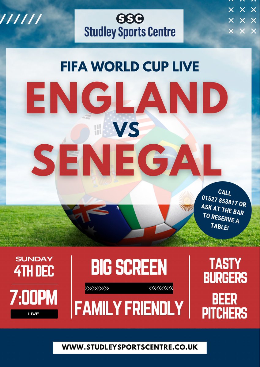 Studleysportsce's tweet image. ⚽️ It’s the Knock Outs! ⚽️

🏴󠁧󠁢󠁥󠁮󠁧󠁿 England vs Senegal 🇸🇳 
📅 Sunday 4th December
⏰ KO @ 7pm
🍔 Tasty burgers and chips 

⭐️ OFFER!! Carling £3.00 a pint from 6-9pm 🍺

☎️ Call 01527 853817 to reserve your seats
(booking not essential)

#ComeonEngland 🙏