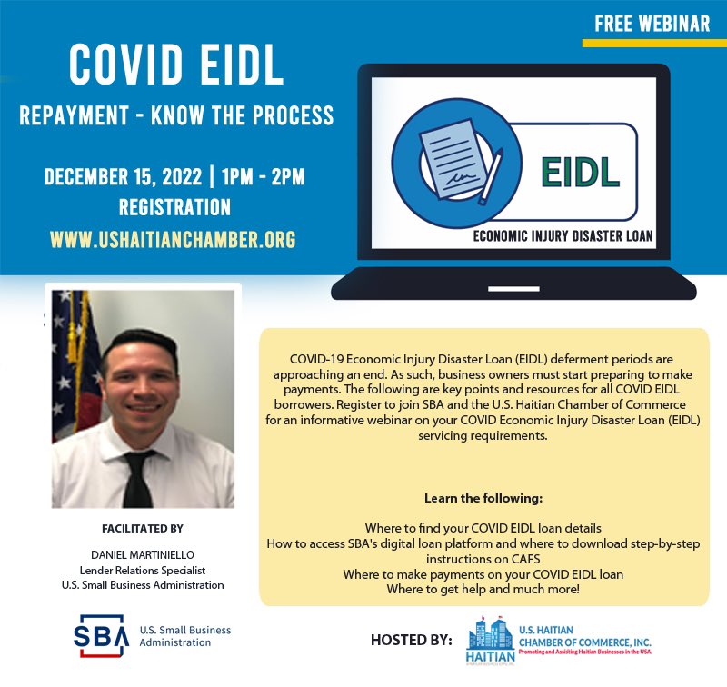 COVID #EIDL Repayment Webinar - Know the Process. Please join us on December 15th at 1 pm. Register: us02web.zoom.us/webinar/regist… #smallbusiness #sbaloans <a href="/SBA_MA/">SBA Massachusetts</a>
