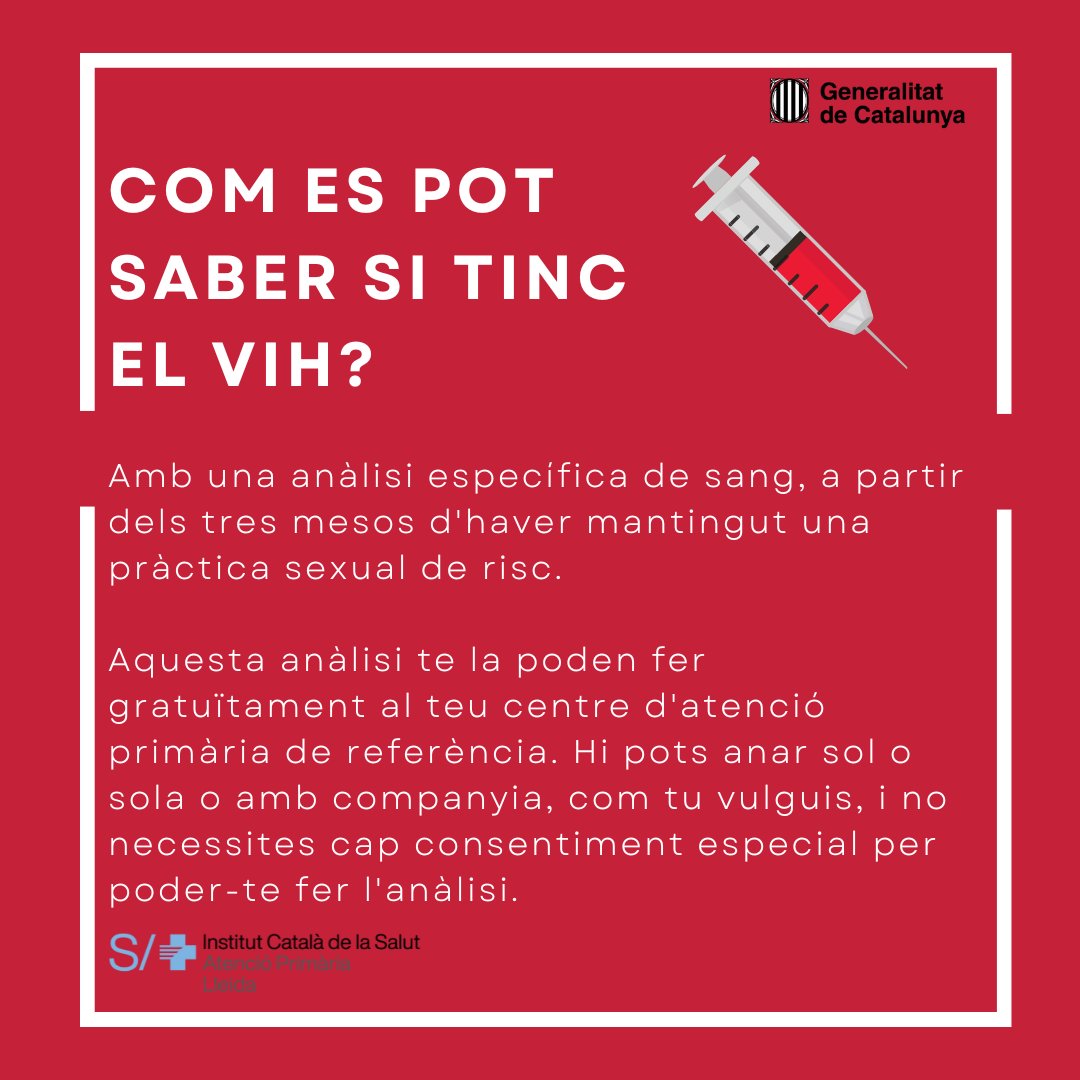 apicslleida's tweet photo. 🗓️🔴#Avui 1 de Desembre se celebra el #DiaMundialSida 

Però...

💉Com es pot saber si tinc el VIH?
📋El VIH és una infecció crònica i no es cura mai?
🤔Es poden tenir relacions sexuals amb una persona que té el VIH?

Per saber-ne més👇

 #Zeroestigma #ZeroVIH 💪
@gencat @UNAIDS https://t.co/Db8BgbcWYd
