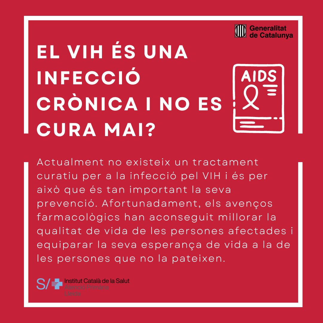 apicslleida's tweet photo. 🗓️🔴#Avui 1 de Desembre se celebra el #DiaMundialSida 

Però...

💉Com es pot saber si tinc el VIH?
📋El VIH és una infecció crònica i no es cura mai?
🤔Es poden tenir relacions sexuals amb una persona que té el VIH?

Per saber-ne més👇

 #Zeroestigma #ZeroVIH 💪
@gencat @UNAIDS https://t.co/Db8BgbcWYd