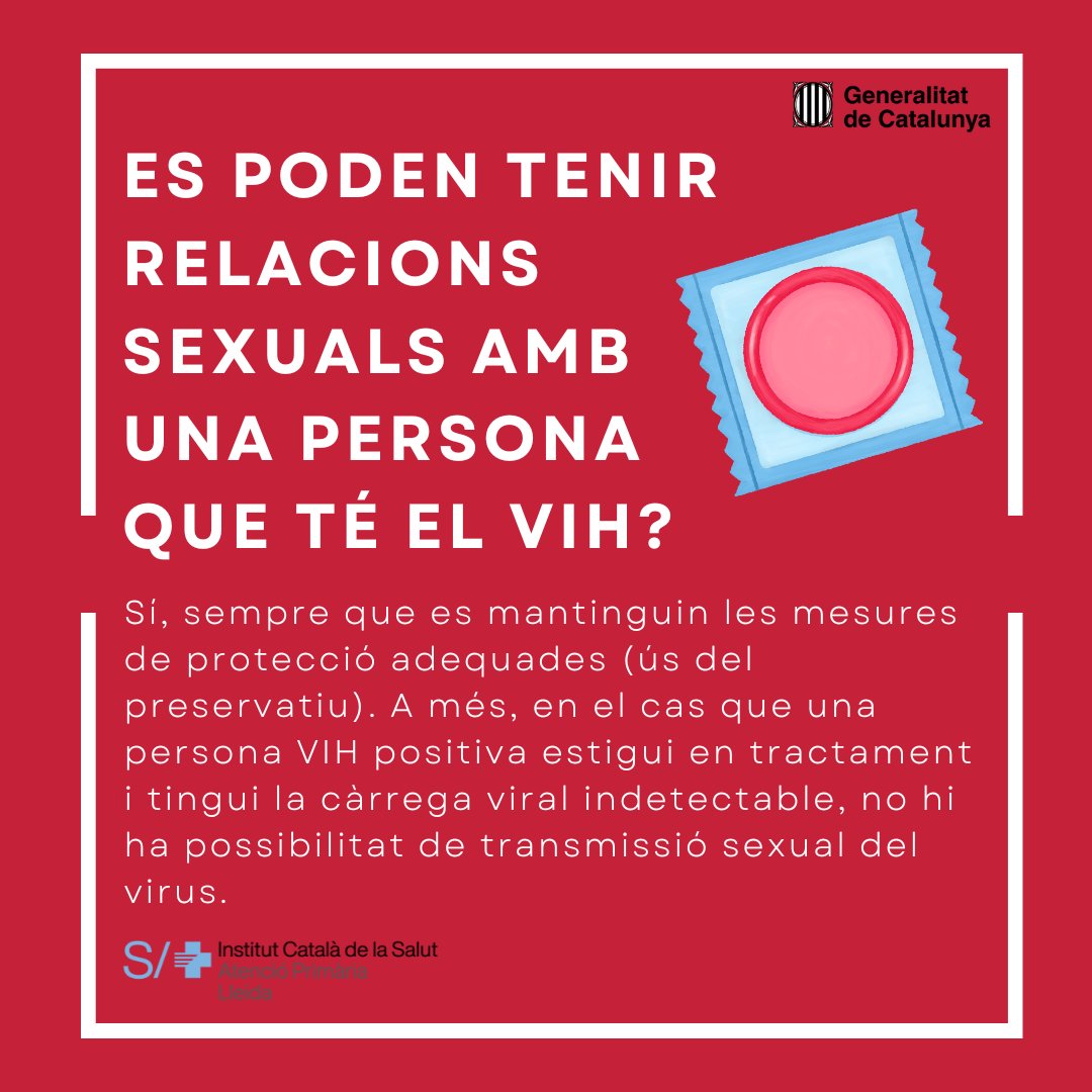 apicslleida's tweet photo. 🗓️🔴#Avui 1 de Desembre se celebra el #DiaMundialSida 

Però...

💉Com es pot saber si tinc el VIH?
📋El VIH és una infecció crònica i no es cura mai?
🤔Es poden tenir relacions sexuals amb una persona que té el VIH?

Per saber-ne més👇

 #Zeroestigma #ZeroVIH 💪
@gencat @UNAIDS https://t.co/Db8BgbcWYd