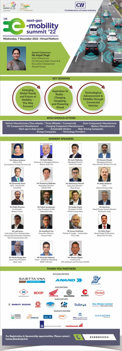CII is org 5th ed. of Next-Gen #eMobility Summit scheduled from 1000 –1430 hrs on 7 Dec 2022 over Virtual Platform. Register Now:▶️ ciihive.in/SignUp.aspx?Ev… @ANANDGroupIndia @AsahiIndia @Altair_Inc @CIIEvents #electricvehicle #electric #Automobile #ev #ecofriendly #CII4NR (1/2)