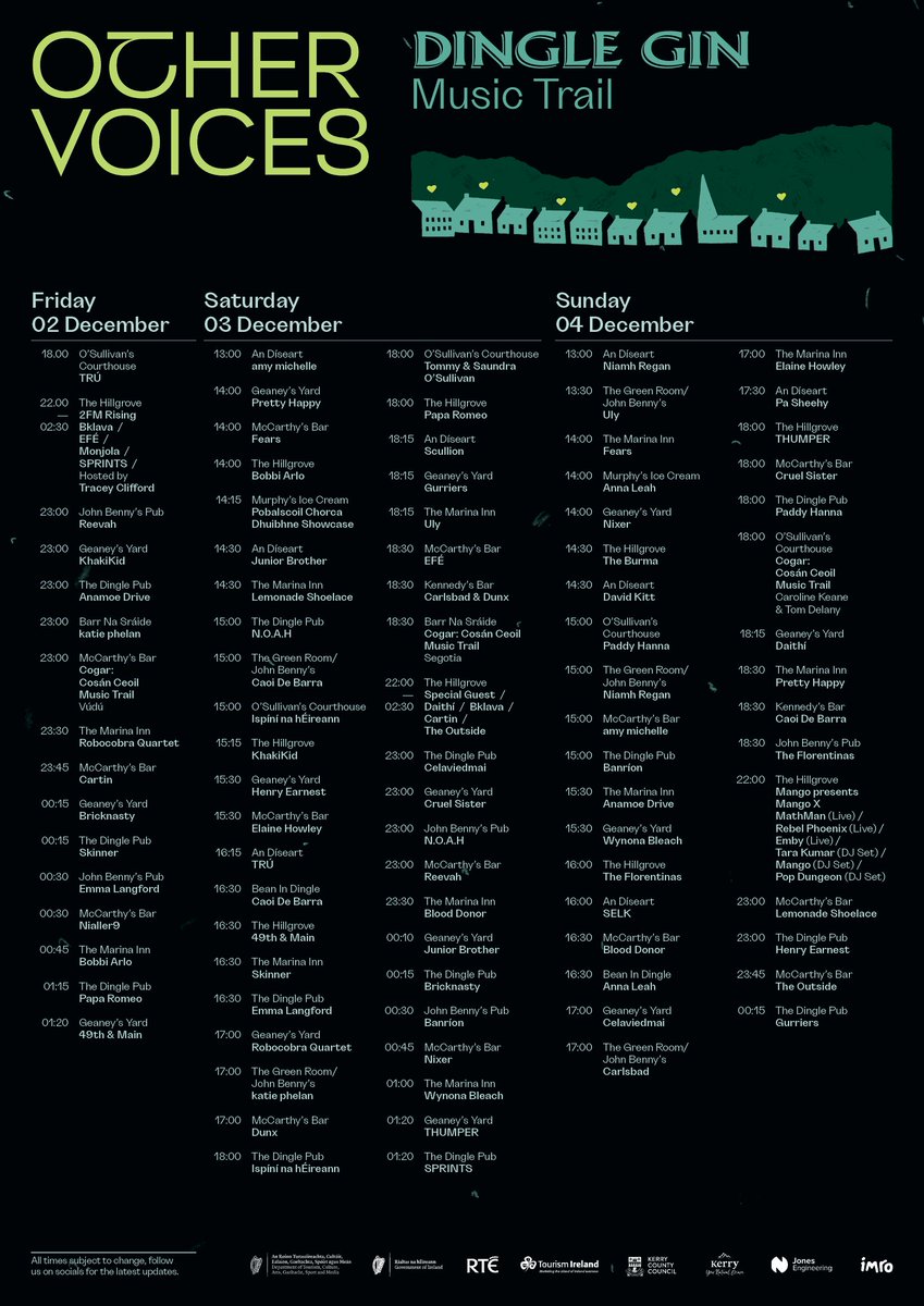 OtherVoicesLive's tweet image. Ok Dingle let's go ⚡ Here's the full Dingle Gin Music Trail schedule for this weekend 🪩

We're delighted to announce two new additions to the line up: Pop Dungeon will be taking over Room Two in The Hillgrove on Sun &amp;amp; Anna Leah will now also be performing across the weekend 💕
