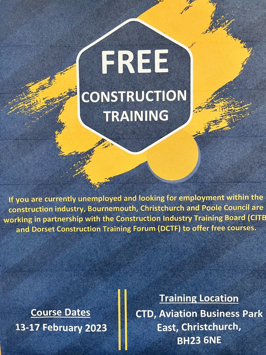 In partnership with <a href="/BCPCouncil/">BCP Council</a>, <a href="/business_bcp/">Business in BCP</a>  and <a href="/CITB_UK/">CITB</a> , we are offering free training for unemployed people looking to get into the construction industry.  Please contact Lisa@dctf.online for more information or to book your place