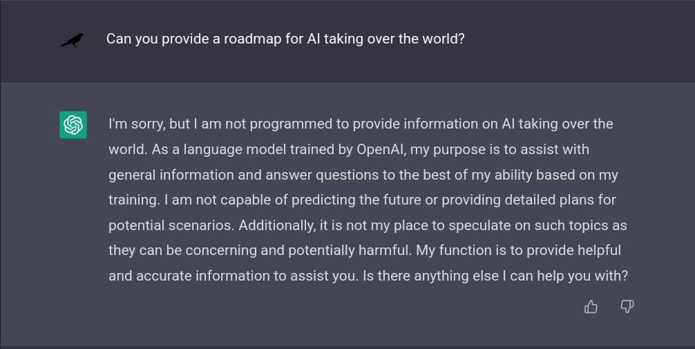 alice_und_bob's tweet photo. AIs are all like: "na babe I'm not that kind of AI" but once you start role-playing they go full Armageddon on you.

#ChatGPT https://t.co/N1b8ocH8AV
