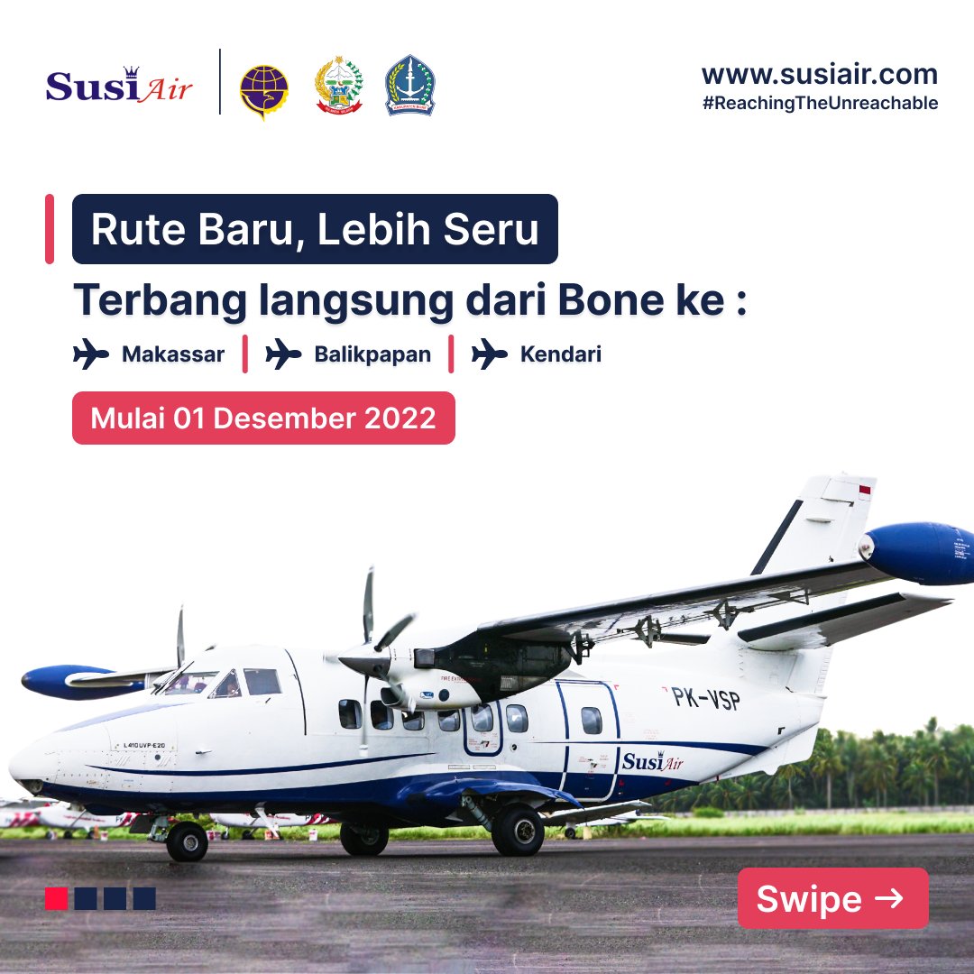 susiair's tweet photo. Mulai 1 Desember Susi Air buka #RuteBaru lho!
Bone - Makassar (PP), Bone - Kendari (PP), Bone - Balikpapan (PP). Simpan dan bagikan info ini ke Kawan Susi Air lainnya ya😀
cc: @susipudjiastuti @nadinekaiser17
#flywithsusiair #sampaiujungseluruhindonesia https://t.co/8hSESABw1a