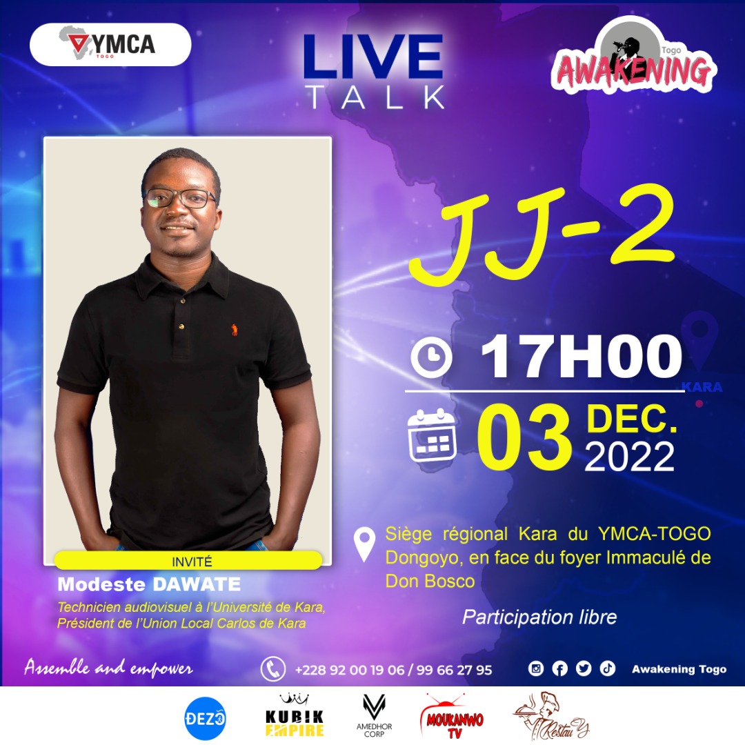 gueli20's tweet photo. #Kara brillera ce Samedi 03 Décembre à 17h sous la lumière du 6ème numéros du Live talk avec Modeste Dawate, Entrepreneur Technicien audiovisuel à UL de kara. 
Tu es jeunes et tu vis à kara , cette opportunité est à toi.
#JMG #TgTwittos https://t.co/X84bhia1JU