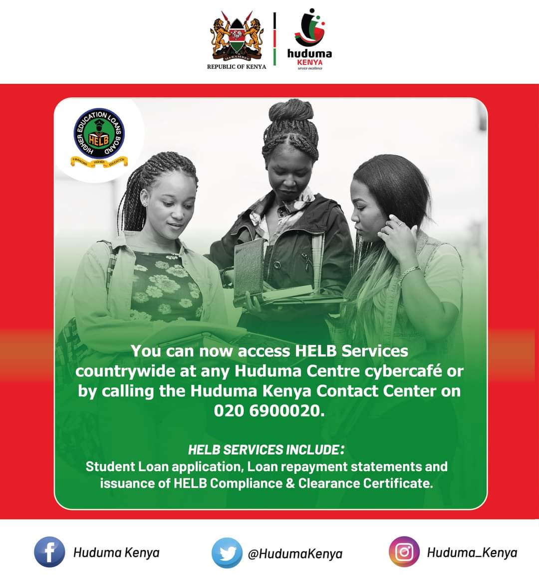 HudumaKenya's tweet photo. You can now access The Higher Education Loans Board Services countrywide at any Huduma Centre cybercafé or by calling the Huduma Kenya Contact Center on 020 6900020. 

@HELBpage https://t.co/JooUBU9dH7