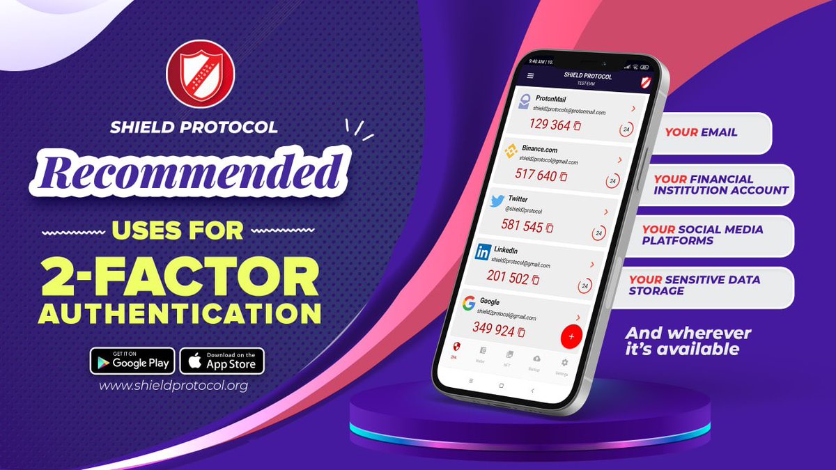 shield2protocol's tweet image. Recommended Uses for 2-Factor Authentication. 

Your Email
Your Financial Institution account 
Your Social Media Platforms 
Your Sensitive data storage
And wherever it’s available.

#enable2fa now with Shield Protocol #2fa App

Download
↕️
shieldprotocol.org/mobileapp.php

#insta #snap
