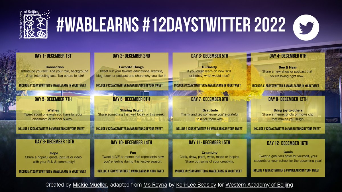 I've been inspired by @MsReyna2 and @JordanGBenedict to get @WAB_LIVE in on the #12DaysofTwitter fun. Help me get our WABBIES tweeting out their awesomeness! @sjtylr @kevincrouch @dtaylor2008 @MurrChris @angeliacrouch @MartaSmithEd @junipa80 @AngelaLanglands @pimstar @r_langlands