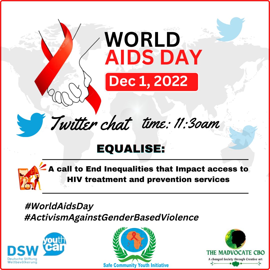 Safe Community Youth Initiative (@safecommunity4) on Twitter photo As we celebrate #WorldAIDSDay today, we invite you to our Twitter chat from 11:30am. #ActivisimAgainstGenderBasedViolence #WorldCondomsDay2022 @DSWKenya <a href="/bloodwater/">Blood:Water</a> <a href="/LVCTKe/">LVCT Health</a> @the_Madvocate <a href="/KwetuKE/">Kwetu Centre</a> <a href="/UNFPAKen/">UNFPA Kenya</a> <a href="/YoungSafeOrgan1/">Young Safe Organization</a> <a href="/SrhKenya/">Kenya Srh Care Organization</a> <a href="/NASCOP/">Division of National AIDS and STI Control Program</a> As we celebrate #WorldAIDSDay today, we invite you to our Twitter chat from 11:30am. #ActivisimAgainstGenderBasedViolence #WorldCondomsDay2022 @DSWKenya <a href="/bloodwater/">Blood:Water</a> <a href="/LVCTKe/">LVCT Health</a> @the_Madvocate <a href="/KwetuKE/">Kwetu Centre</a> <a href="/UNFPAKen/">UNFPA Kenya</a> <a href="/YoungSafeOrgan1/">Young Safe Organization</a> <a href="/SrhKenya/">Kenya Srh Care Organization</a> <a href="/NASCOP/">Division of National AIDS and STI Control Program</a>