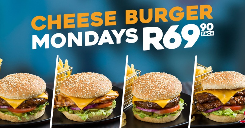 “Cheese The Day” with a Beef 🍔 Chicken 🍗 Rib 🍖 or Soya 🌱 Cheese Burger with Spur-style crispy onion rings and golden chips for R69.90 each 😍 Ts & Cs apply. #SpurCheeseBurgerMondays #SpurSteakRanches