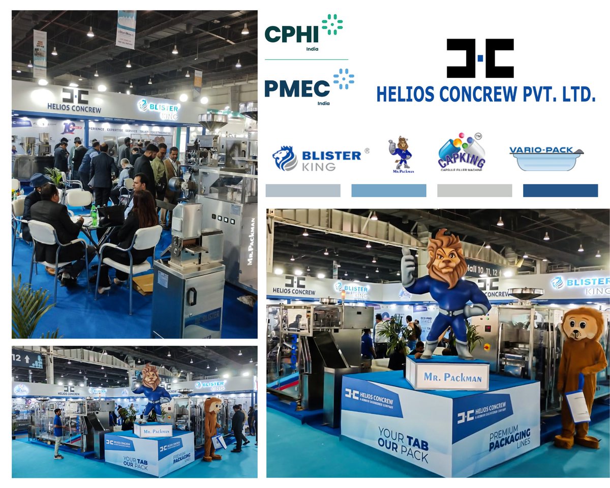 HeliosPvt's tweet photo. Imagination and dreams, with perseverance and hard work, can become reality...with team we crush it...At @cphi_and_pmec_india exhibition.
#heliosconcrewpvtltd #mrpackman #blisterking👑 #capking #variopack #packagingmachinery  #cphipmecindia2022 #team #pharmamachinerymanufacturer https://t.co/dwvfXD7WM5