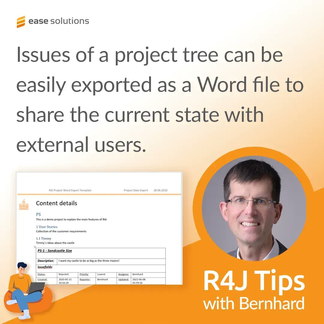 EaseSolutions's tweet image. R4J Tips #18 with Bernhard: Microsoft Word® Export

Just a click away: Create customized Word exports of your Jira data using your own templates.

To learn more, click 👉buff.ly/3bKO2Jn 

#R4Jtips
#WordExport
#easesolutions