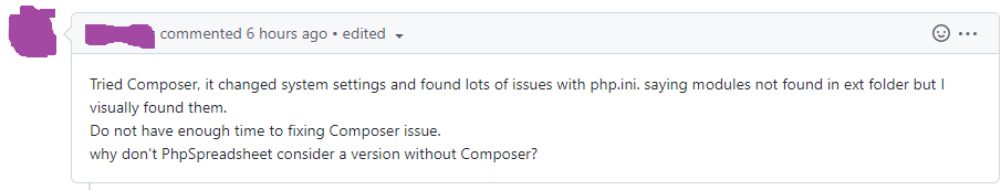 Mark_Baker's tweet photo. It still surprises me how many PHP developers aren't yet using Composer.

This one doesn't have the time to fix composer issues; but expects me to spend my time preparing a fully downloadable version of PhpSpreadsheet... so they're telling me their time is more valuable than mine https://t.co/9IngA2gs3W