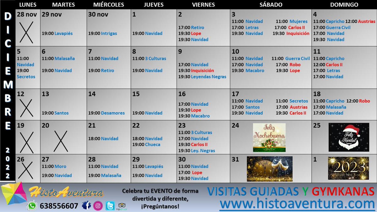 Agenda actividades de  #Diciembre2022 en #Madrid 👣👀
¡No te quedes sin planes este mes! 

Reservas a través de:⠀⠀⠀⠀⠀⠀⠀
☎️ 638556607 / grupos privados 634535025
🔗 histoaventura.com 
✉️ Info@histoaventura.com

¡PLAZAS LIMITADAS! ¡OS ESPERAMOS!