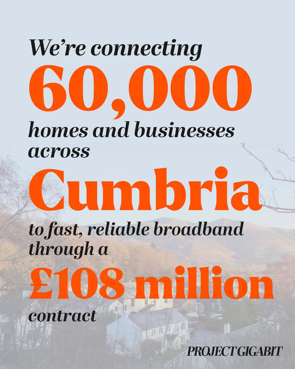 £108 million #ProjectGigabit contract awarded to <a href="/FibrusFullFibre/">Fibrusfullfibre</a> to connect up to 60,000 homes &amp; businesses across Cumbria with #GigabitBroadband

Rural towns, villages &amp; hamlets from Grasmere to Gilsland &amp; Buttermere to Beckermet will all benefit 

gov.uk/government/new…