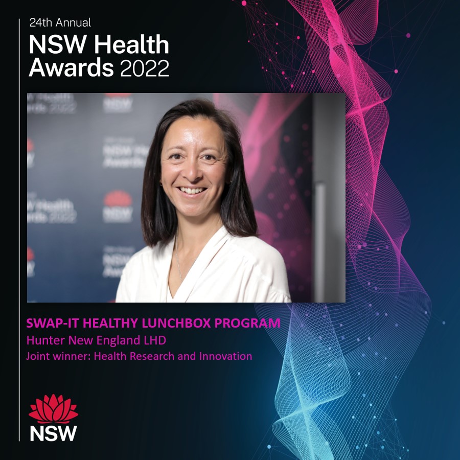 NSWHealth's tweet photo. Congrats to the joint winners of the Health Research and Innovation award: SWAP-IT Healthy Lunchbox Program @HNEHealth &amp; Lumos: Connected data, healthier NSW from the NSW Ministry of Health!

#NSWHealthAwards https://t.co/MT7QMa7ISb