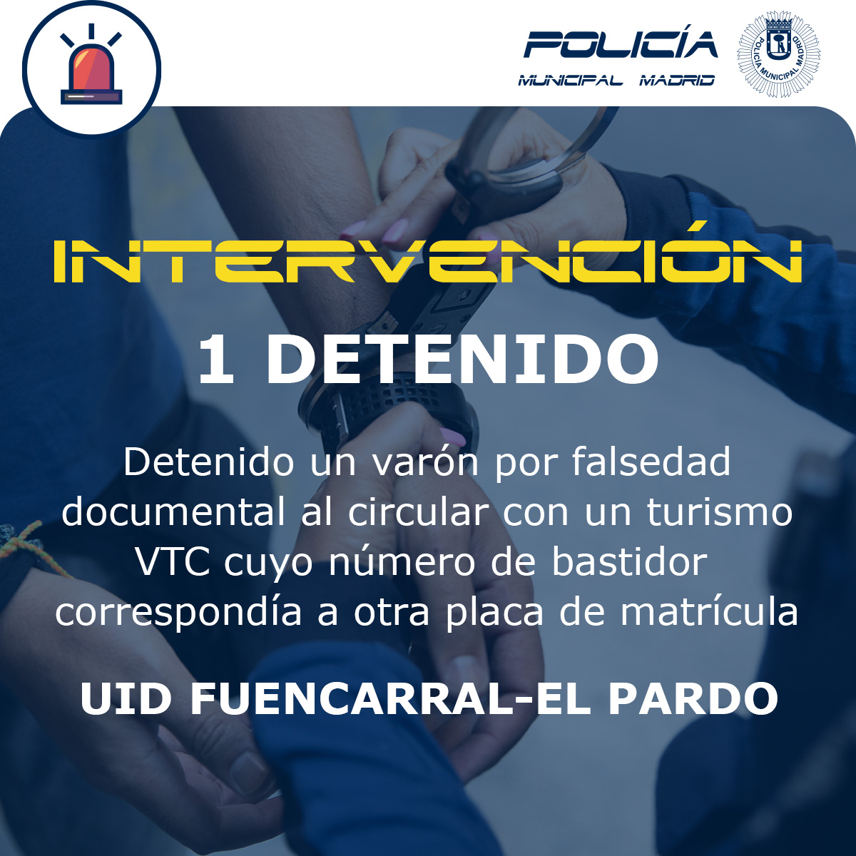 policiademadrid's tweet photo. 🚨Localizado en un control de #alcoholemia en #Fuencarral un turismo particular que circulaba con la matrícula de otro vehículo #VTC haciéndose pasar por él. El conductor fue detenido por un delito de #FalsedadDocumental
#SeguridadVial https://t.co/XBFxMhBfCJ