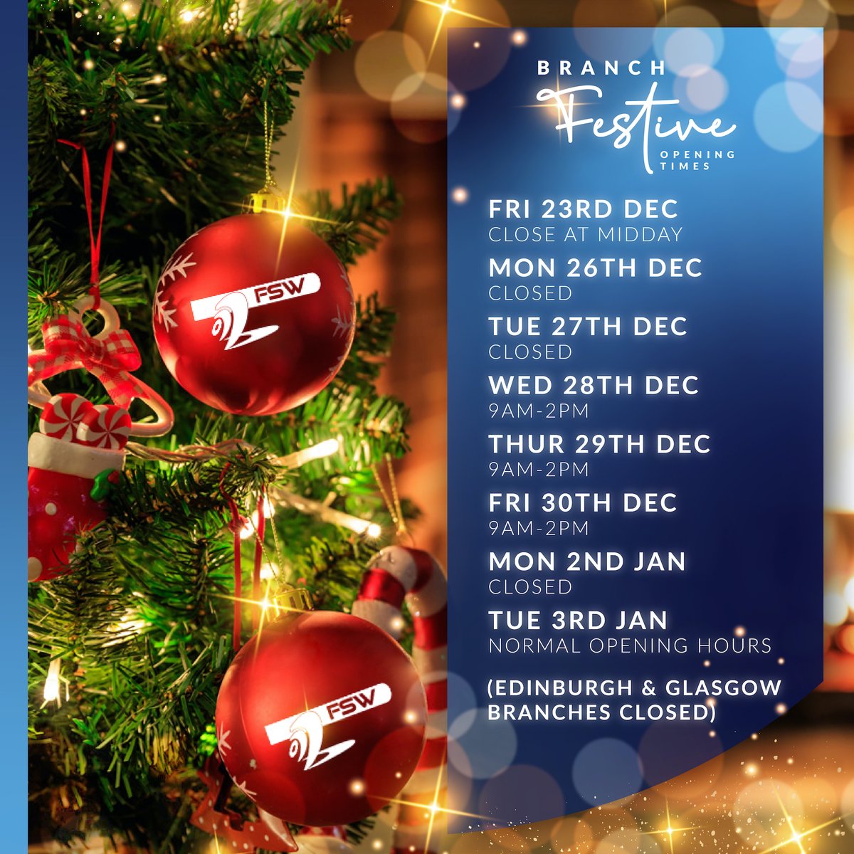 fswuk's tweet photo. As we enter the festive season, we would like to give our customers advanced notice of our branch opening times.
Thank you for your continued support and valued business. We wish you every success for 2023!
sales@fsw.uk.com | 01543 437 010
#HVAC #ACengineers #FSWuk https://t.co/cJVcMvrJPT