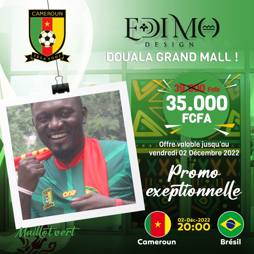 IClickIPay1's tweet photo. C’est ta dernière chance !
Dernier jour de la promo maillot vert avant le match des Lions.
Ne supporte pas avec la bouche, buy ton maillot authentique !
#IclickIPay
#Fecafoot
#EdimoDesign
#Qatar2022
#SpécialePromo https://t.co/lfF4dN3cOR