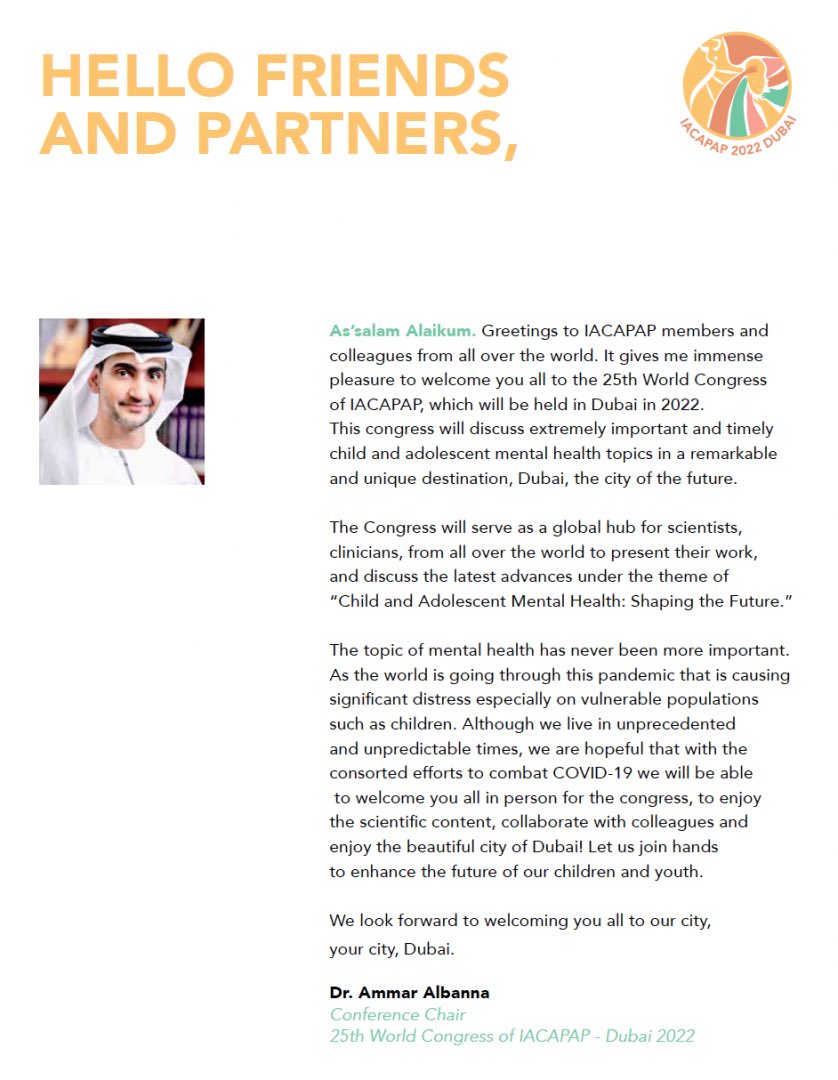 DrMeshalSultan's tweet image. A warm welcome from @Albanna_MD, Conference Chair, to the 25th World Congress of @IACAPAP taking place December 5 to 9, 2022 in #Dubai, UAE

#IACAPAP2022
Check out these amazing opportunities ⤵️