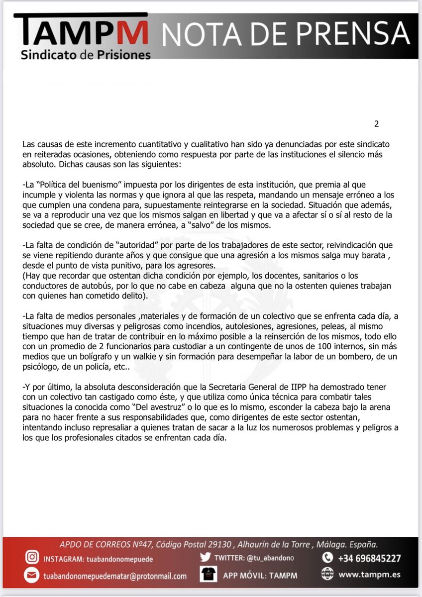 🌐 #Comunicado | Tras los Graves Altercados sufridos en PRISIONES 🇪🇸 en Noviembre

🗣️ Hacemos Llamamiento a la LÓGICA y CORDURA de la ciudadanía

👉🏼 Cualquier día LAMENTAREMOS vidas de Funcionarios

Tras la sangría de agresiones El Gobierno MIRA A OTRO LADO

Marlaska #Dimite YA‼️