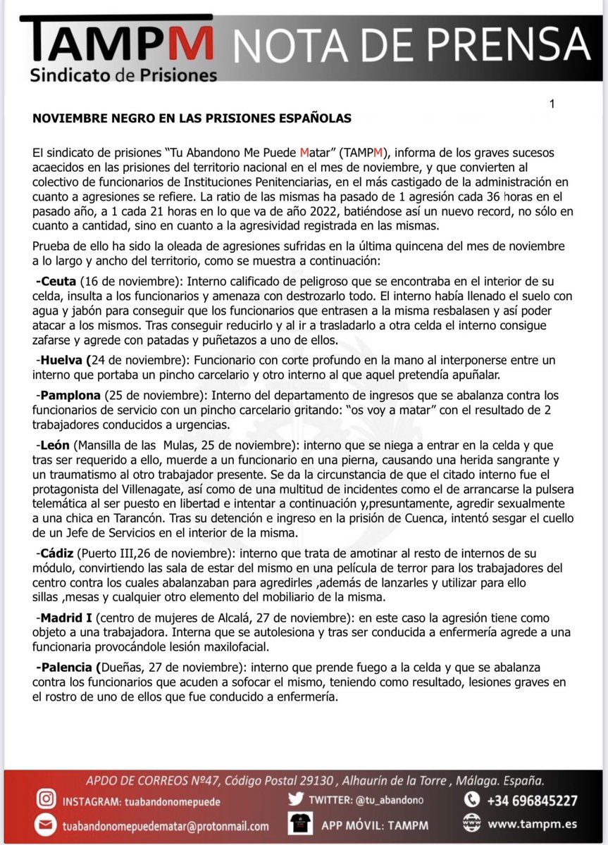 tu_abandono's tweet photo. 🌐 #Comunicado | Tras los Graves Altercados sufridos en PRISIONES 🇪🇸 en Noviembre

🗣️ Hacemos Llamamiento a la LÓGICA y CORDURA de la ciudadanía

👉🏼 Cualquier día LAMENTAREMOS vidas de Funcionarios

Tras la sangría de agresiones El Gobierno MIRA A OTRO LADO

Marlaska #Dimite YA‼️ https://t.co/zHvutnU7nN