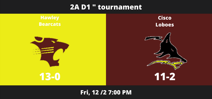 TXHSFO's tweet photo. Hawley 🆚 Cisco
The Cisco (TX) varsity football team has a neutral playoff game vs. Hawley (TX) on Friday, December 2 @ 7p.
🔗: https://t.co/g3YlFCt9D2
@TheCiscoLoboes
@2112greg 
@LoboesRadio 
@Bearcat_HHS
@mables81
@JameyCalveryFCA 
@Austincumpton12 https://t.co/LGlkefiiGv