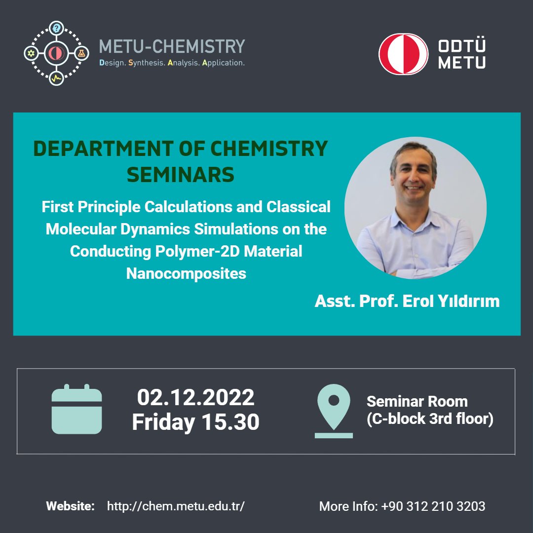 Asst. Prof. Erol Yıldırım will give a seminar about “First Principle Calculations and Classical Molecular Dynamics Simulations on the Conducting Polymer-2D Material Nanocomposites” on Friday at 15.30.