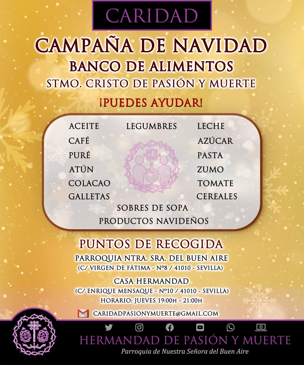 hpasionymuerte's tweet photo. CARIDAD | CAMPAÑA DE NAVIDAD DE RECOGIDA DE ALIMENTOS.

Colabora con la Campaña de Navidad de recogida de alimentos para nuestro Banco de Alimentos “Stmo. Cristo de Pasión y Muerte” que ayuda a las familias más necesitadas.

ℹ️ https://t.co/ATFn3DqgVD

#HermandadPasiónyMuerte https://t.co/jVDAaJ0ovO
