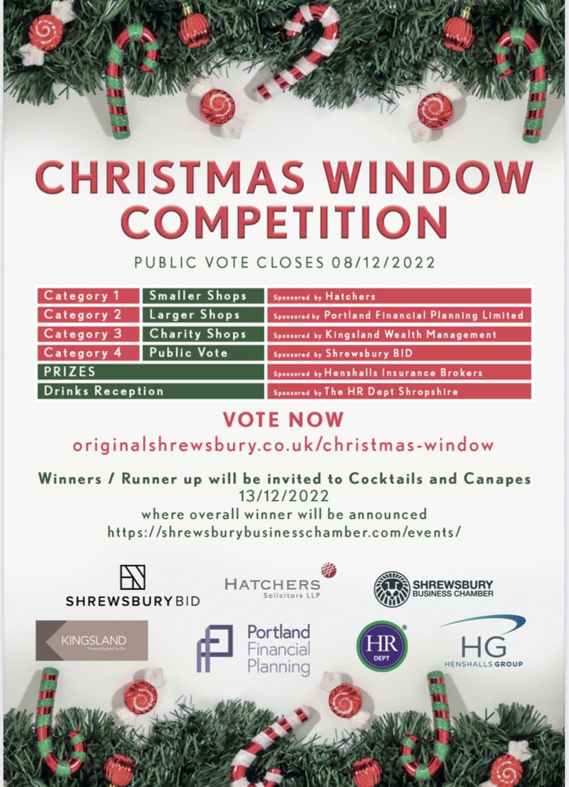 VOTING IS NOW OPEN!!

Head over to 
originalshrewsbury.co.uk/features/shrew…
To vote for your favourite festive window 

#christmaswindowcompetition #christmas #shrewsburybusinesschamber #localbusiness #supportlocal #postoftheday #shrewsburybusiness #christmaswindowcompetitionshrewsbury #festive