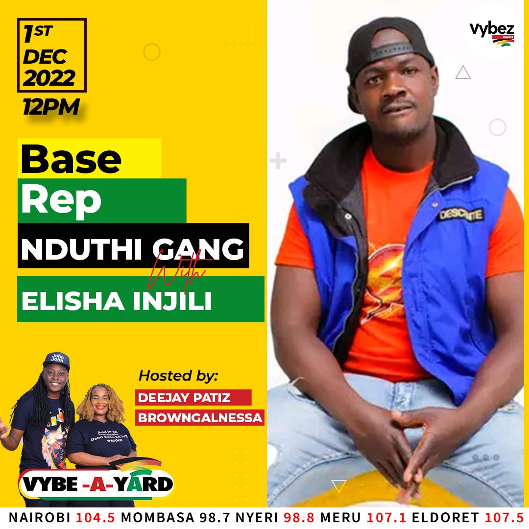 VybezRadioKE's tweet photo. Kwenye #BaseRep leo tukona Elisha Injili mwenye amekuwa akipush for safety and responsible behavior amongst wasee wa nduthi. 

Ukona swali gani kwake? #vybeayard @Browngalnessa 

LIVE: https://t.co/e9azw4Dbvx https://t.co/Ifezu6Ydlm