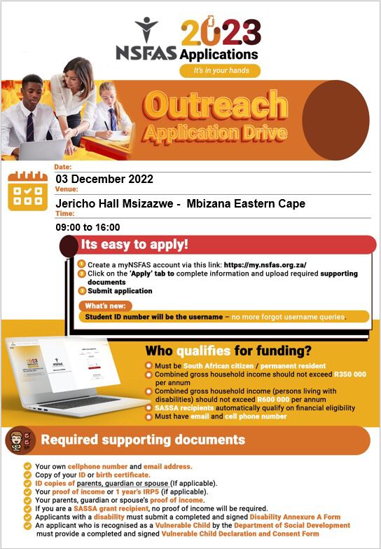 NSFAS on Twitter: "Come through to Jericho Hall Msizazwe this Saturday to  find out all you need to know about #NSFAS2023 funding. #NSFAS2023  #ItsInYourHands https://t.co/Zu0bZGdwLc" / Twitter