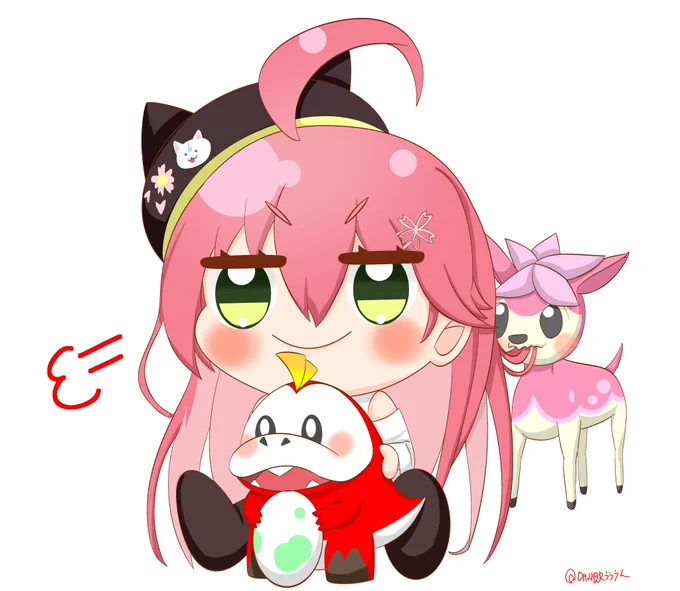 ホゲータとフブキちゃんからもらったシキジカと髪の毛食われてることに気付いてないみこち#miko_Art 