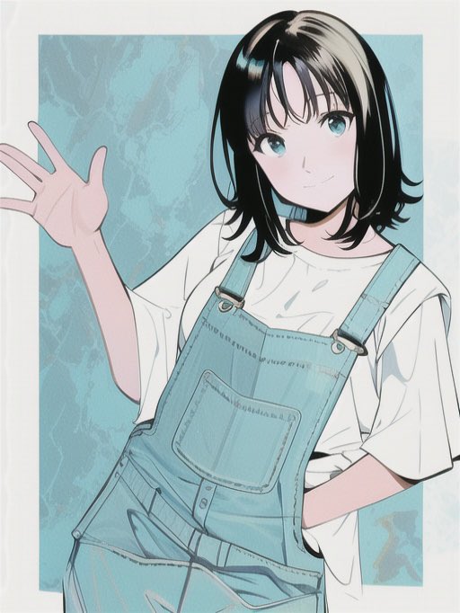1girl solo overalls shirt black hair white shirt looking at viewer  illustration images
