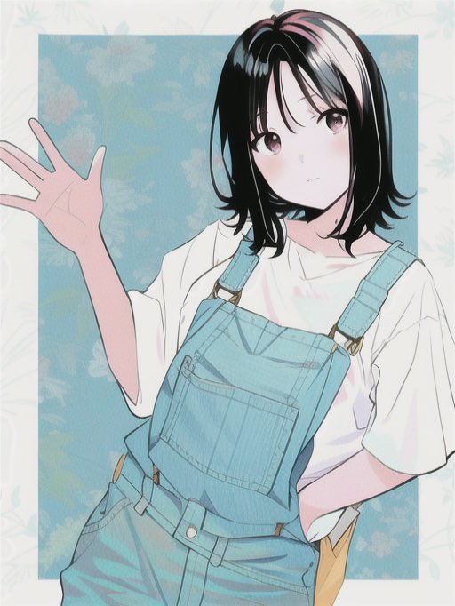 1girl solo overalls shirt black hair white shirt looking at viewer  illustration images