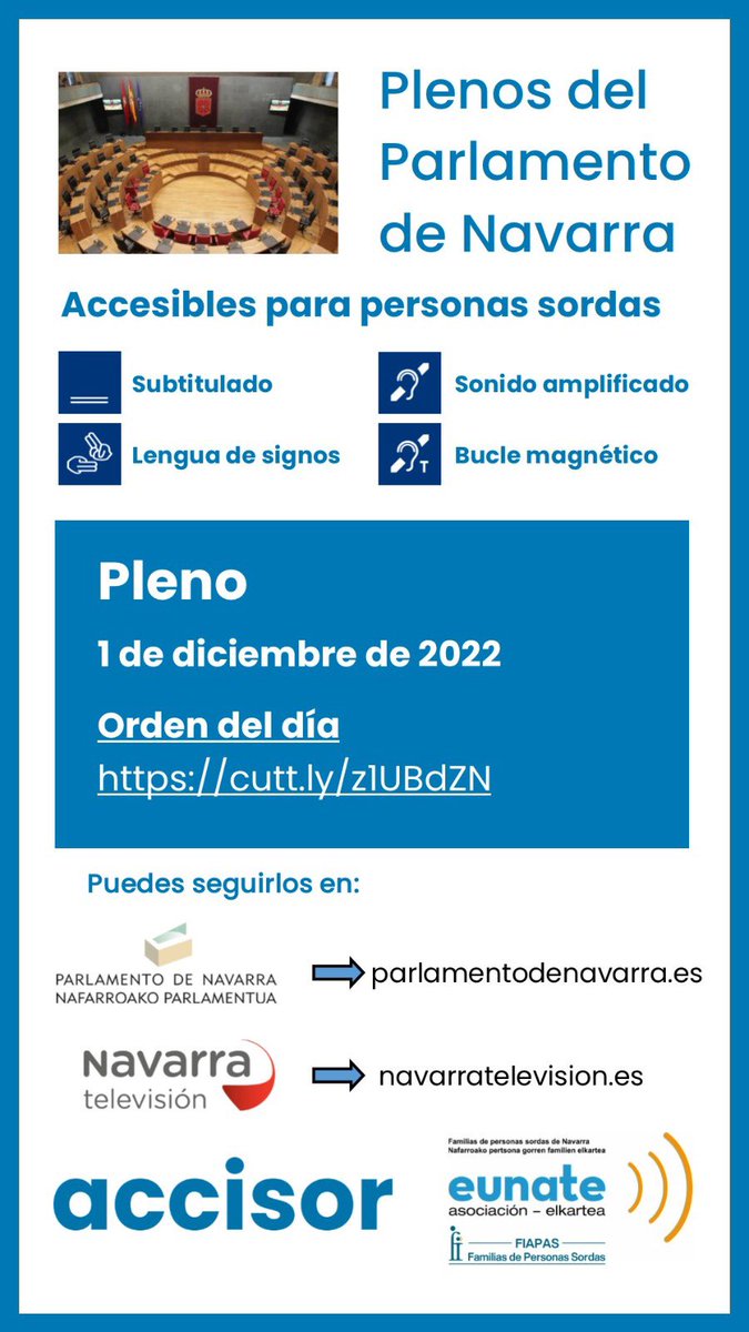 EUNATE_ASOC's tweet photo. Pleno del @parlamentoNA accesible para personas sordas. Lo puedes seguir en la web del Parlamento y en @NavarraTV
Orden del día https://t.co/dGT2Ho5xk1
Siguelo en Directo https://t.co/X6s4WrTANB
#accesibilidad
#subtitulado
#interpretesls
#buclemagnetico
#hablamosdederechos https://t.co/LkoI8ZJnHG