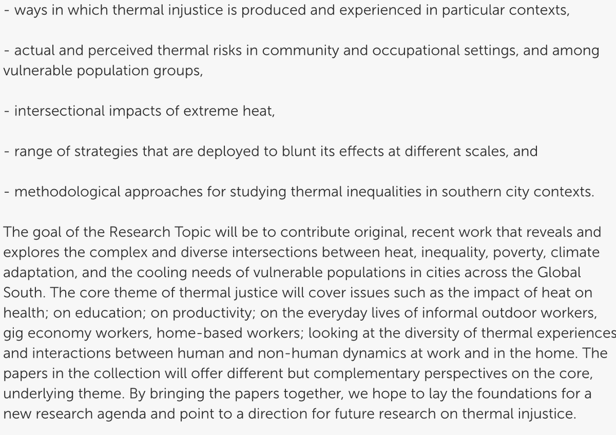 nha3383's tweet photo. My colleagues &amp; I are co-editing a Special Issue on "Thermal Justice in the Urban Global South". If you work on heat, see call for papers;  academic journal Environment, Politics and Society. Young scholars/researchers take note! Jan 31st 2023 https://t.co/gsiz0iXKHd https://t.co/GtGV3zs2yz