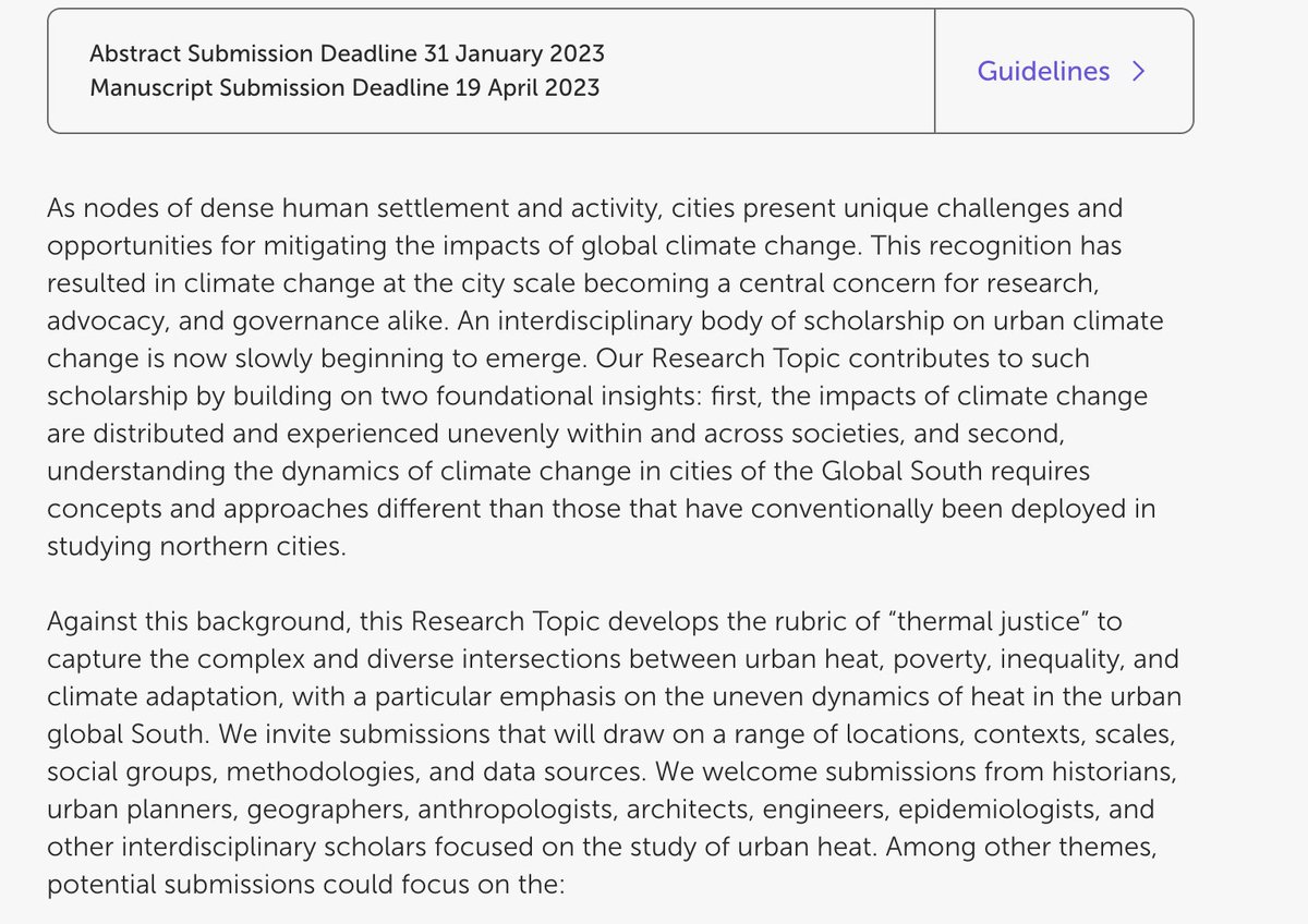 nha3383's tweet photo. My colleagues &amp; I are co-editing a Special Issue on "Thermal Justice in the Urban Global South". If you work on heat, see call for papers;  academic journal Environment, Politics and Society. Young scholars/researchers take note! Jan 31st 2023 https://t.co/gsiz0iXKHd https://t.co/GtGV3zs2yz