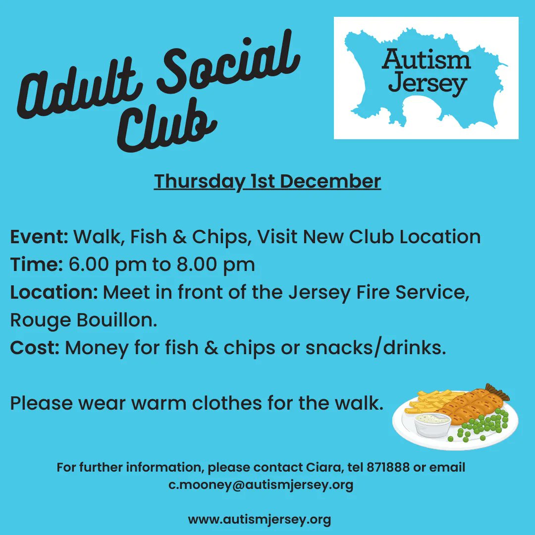 AutismJersey's tweet photo. Our Adult Social Club will be based in a new location, as of today. Therefore, this evening, our members are taking a little walk, enjoying some fish & chips on the way, to explore the new venue π
Wrap up warm!
#socialclub #familiarisationtrip #chippychips #walkwithfriends https://t.co/M1H3tQYmM3