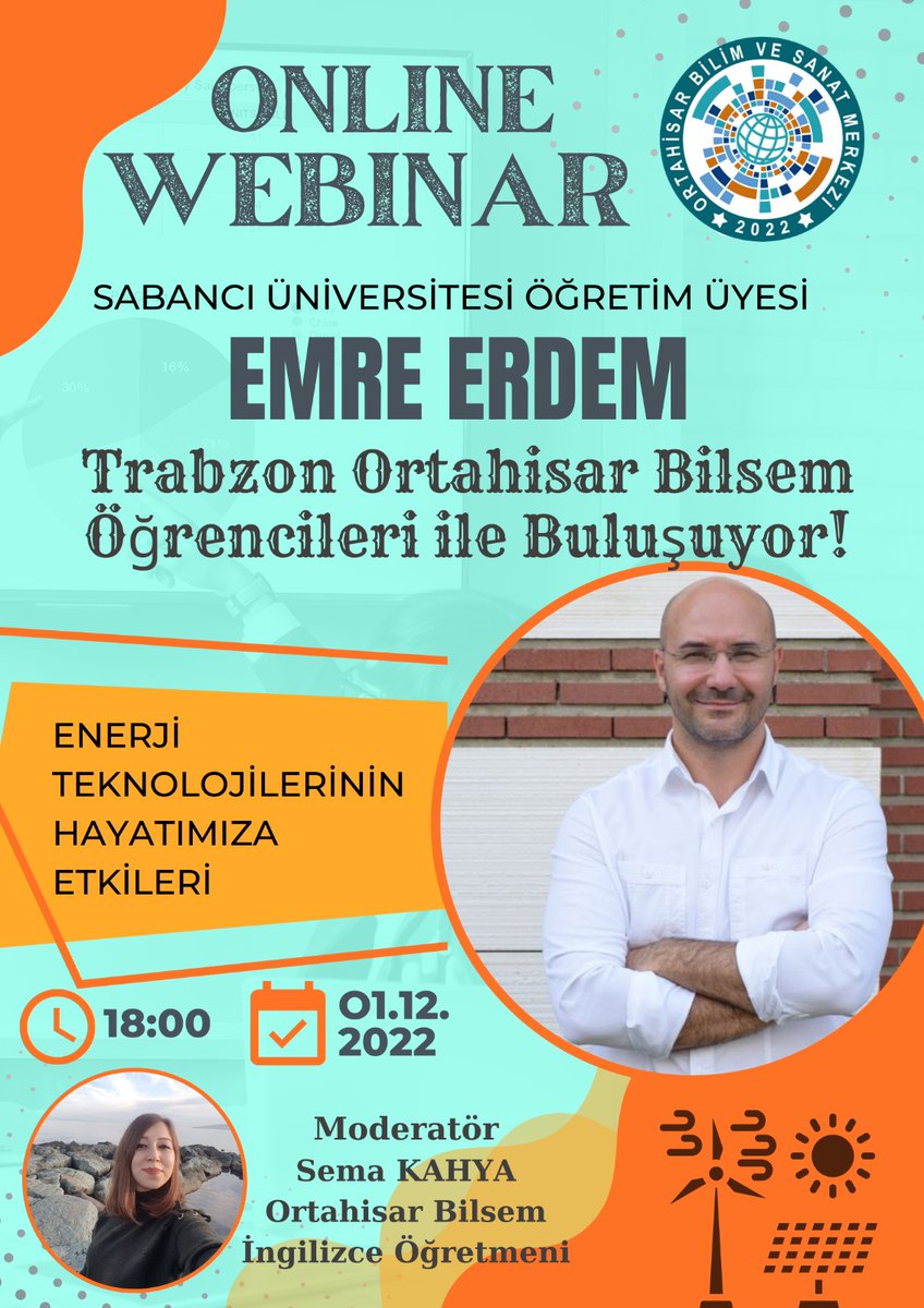 Trabzon Bilsem öğrencilerine bu akşam enerji teknolojileri hakkında bir webiner vereceğim. 8-13 yaş arasındaki çocuklara Enerji anlatmayı heyecanla bekliyorum. En zor sunumlarımdan birisi olacak çünkü doğayı anlamak için sorulan soruların en zorlarını hep çocuklar sormuştur 😃