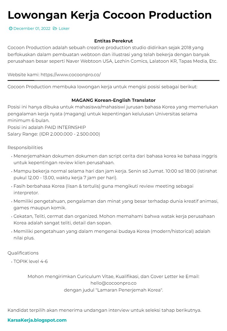 KarsaKerja's tweet photo. Lowongan Kerja MAGANG di Cocoon Production, posisi Korean-English Translator.
Lihat: https://t.co/LnfI7X8b3k

#infoloker #bahasakorea #CocoonProduction #CocoonPro #lokerMagang #lokerTranslator https://t.co/I7ojbCDrmR