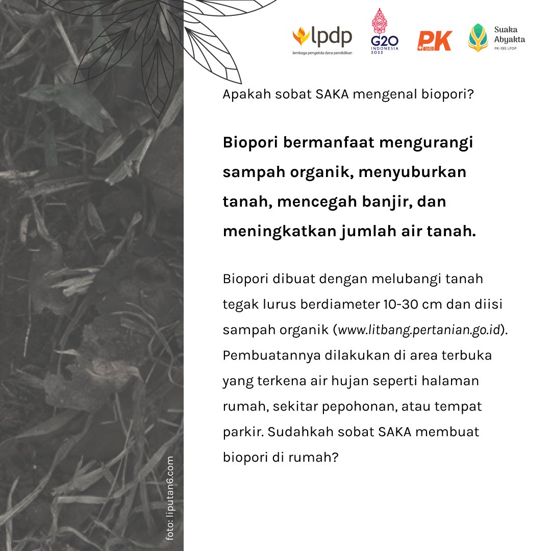 vincentshs's tweet photo. Hai sobat SAKA!!
.
Selain membuang sampah pada tempatnya dan membuat pengolahan air limbah sederhana, kita juga dapat berkontribusi menjaga lingkungan dengan membuat Biopori. 

@LPDP_RI 
#DiriUntukNegeri
#PK195
#SuakaAbyakta
#AkuPastiMengabdi
#sdmunggulindonesiamaju https://t.co/hPQ5UUtwvS
